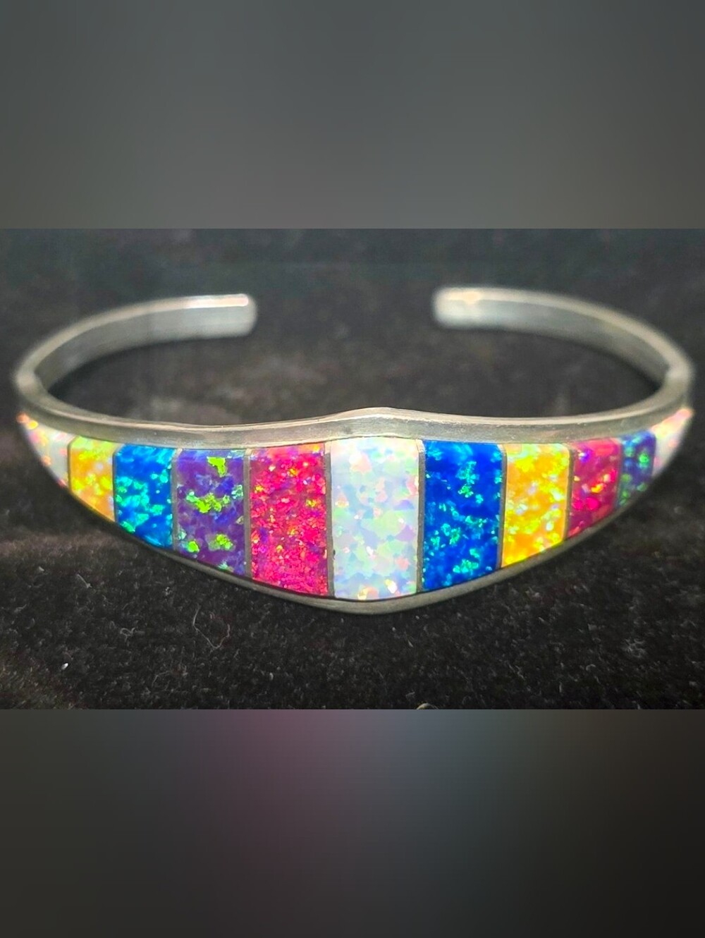 Vintage Native American Zuni 925 Multi-Color Opal Inlay Bracelet - Women Jewelry